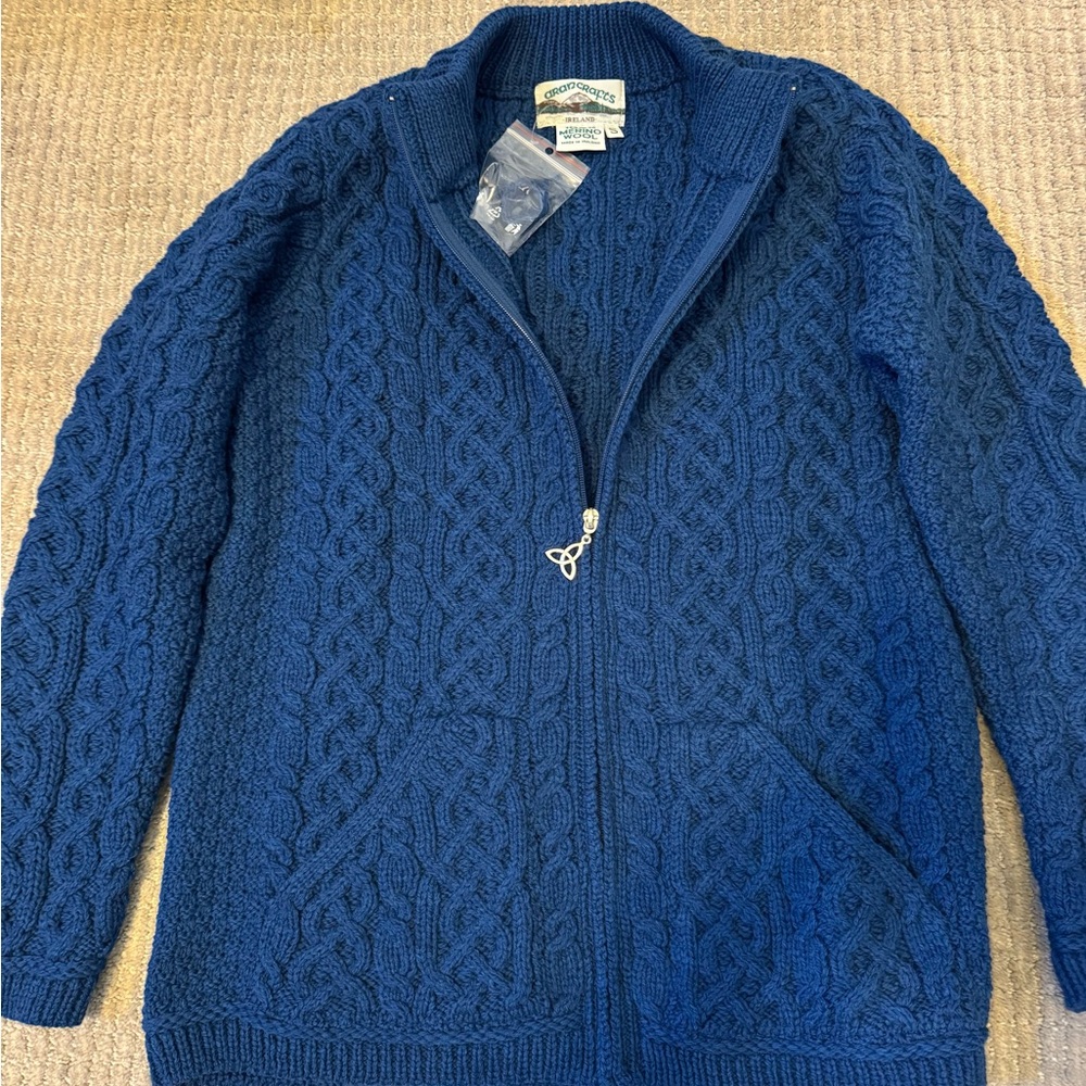 Aran Crafts Blue Cable Knit Cardigan Sweater - Small